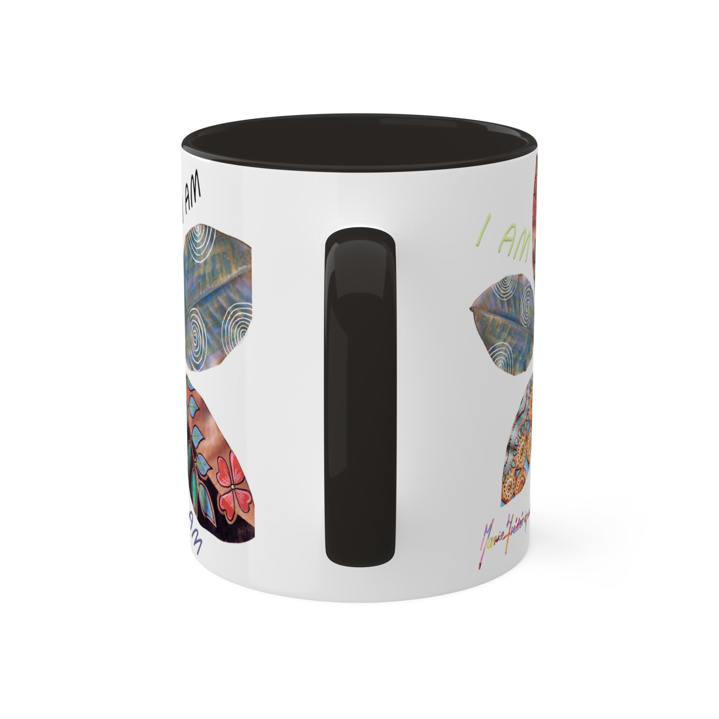 I AM collection with painted leaves - Colorful Mug in 5 colors, Red, Bblack, Yellow, Light Green and Cambridge Blue 11oz By Artist Marie Frederique