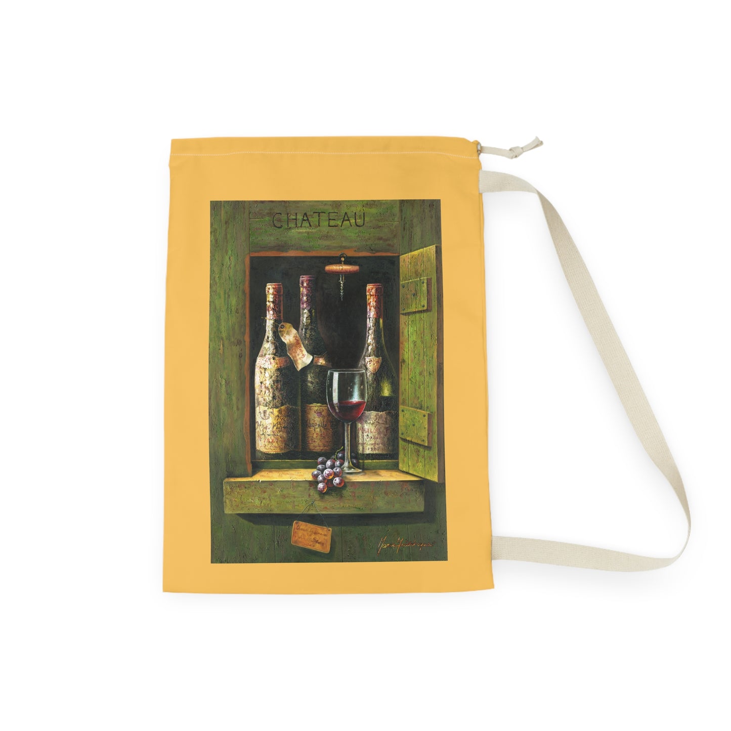 Wine Chateau Laundry Bag — Rustic Wine Bottle & Glass Print by artist Marie Frederique