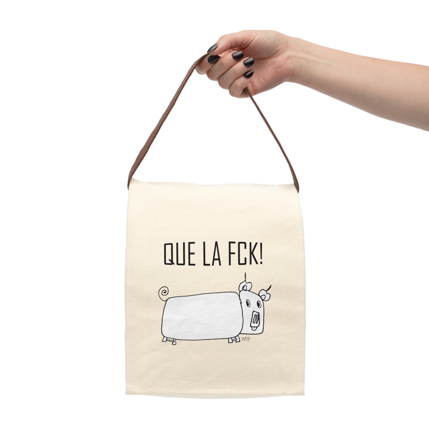 QUE LA FCK! Mr Pig seems surprised - Canvas Lunch Bag With Strap by artist Marie Frederique