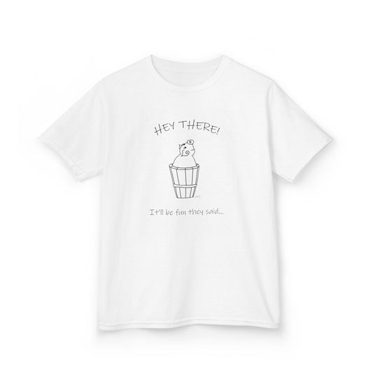 Pig in a barrel - HEY THERE! It'll be fun they said, Kids Heavy Cotton™ Tee by artist Marie Frederique