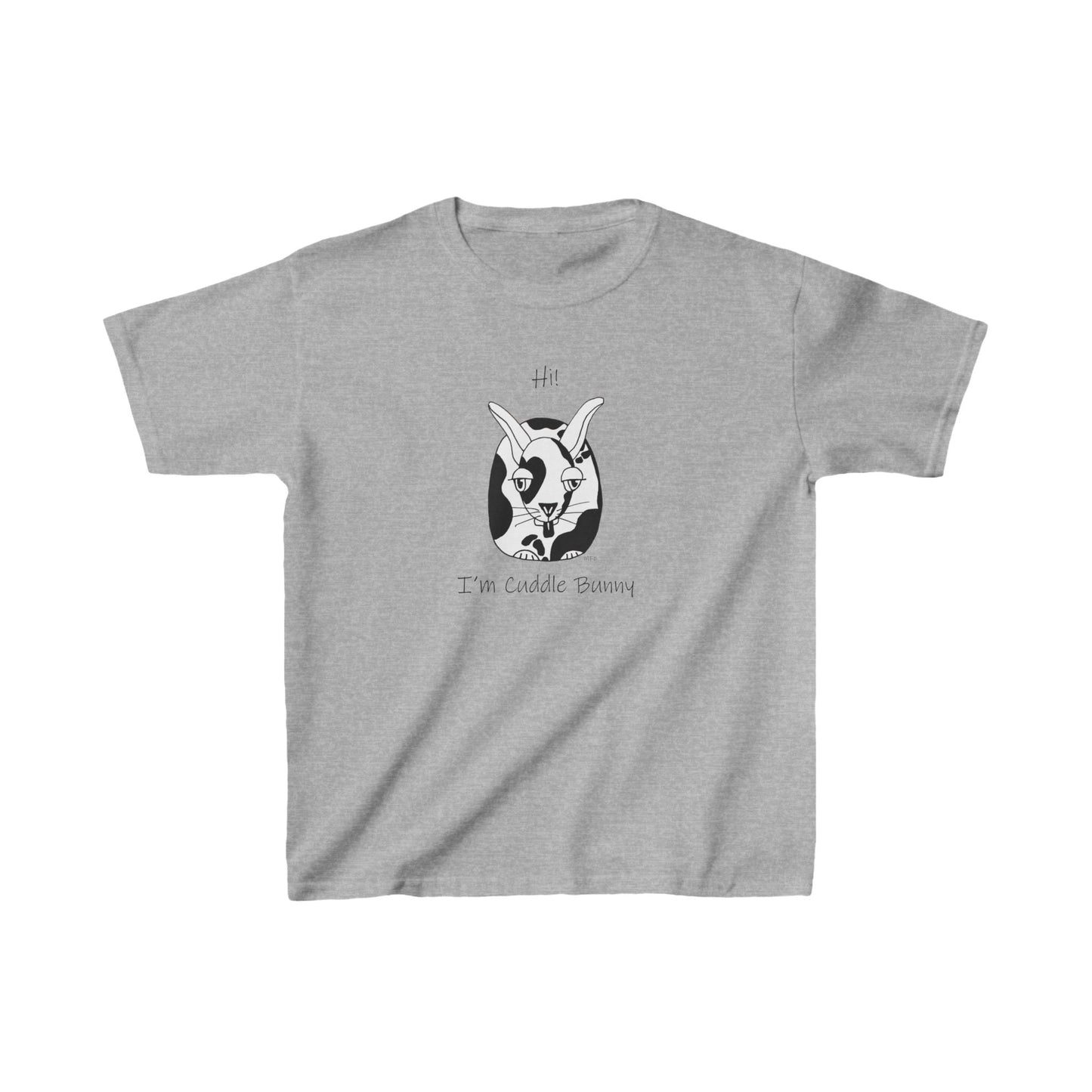 Bunny Lovers - Hi! I'm Cuddle Bunny, whimsical Black & White drawing of a crouched bunny, Kids Heavy Cotton™ Tee by artist Marie Frederique