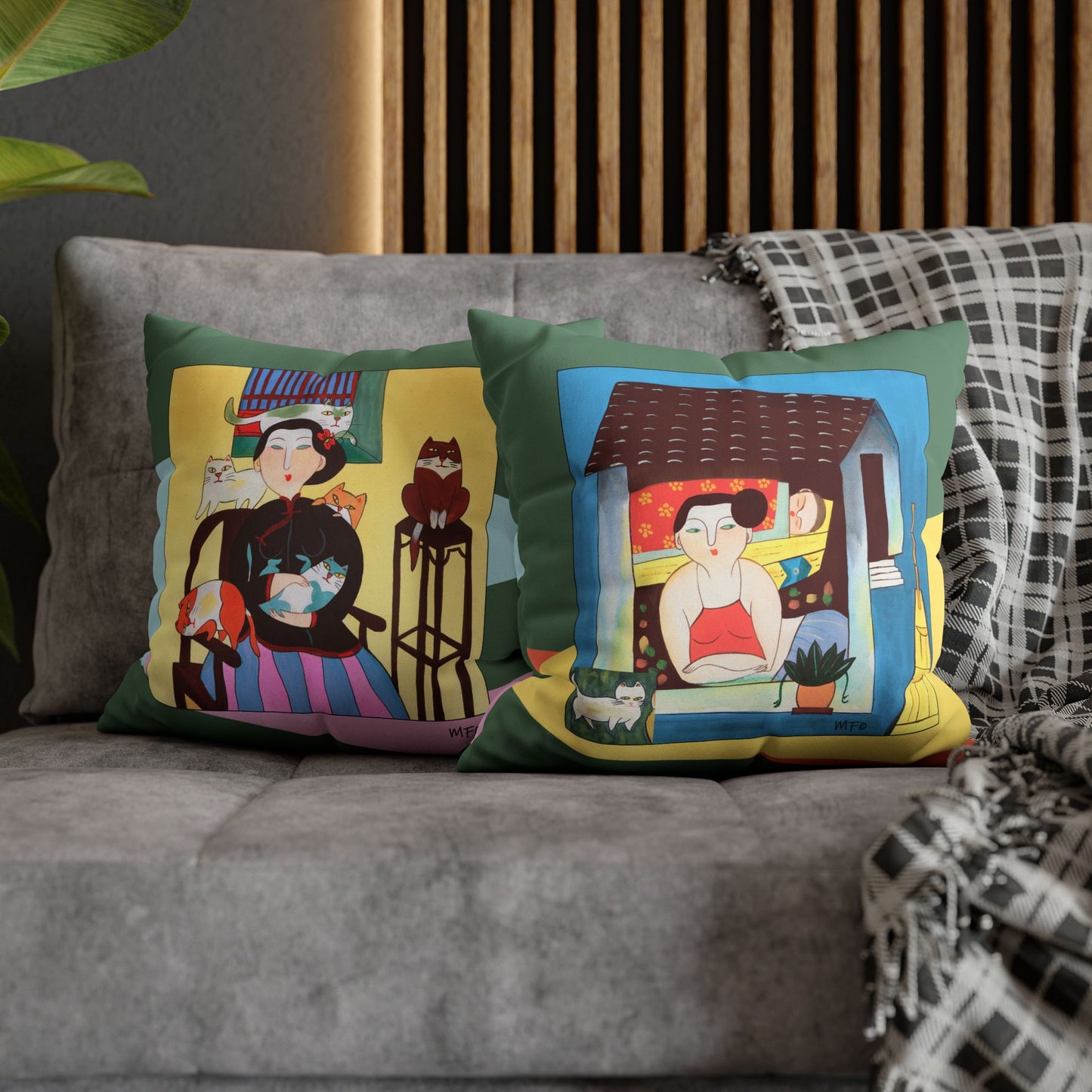 Village scenes, Faux Suede Pillowcase — Colorful Retro Home Decor by artist Marie Frederique