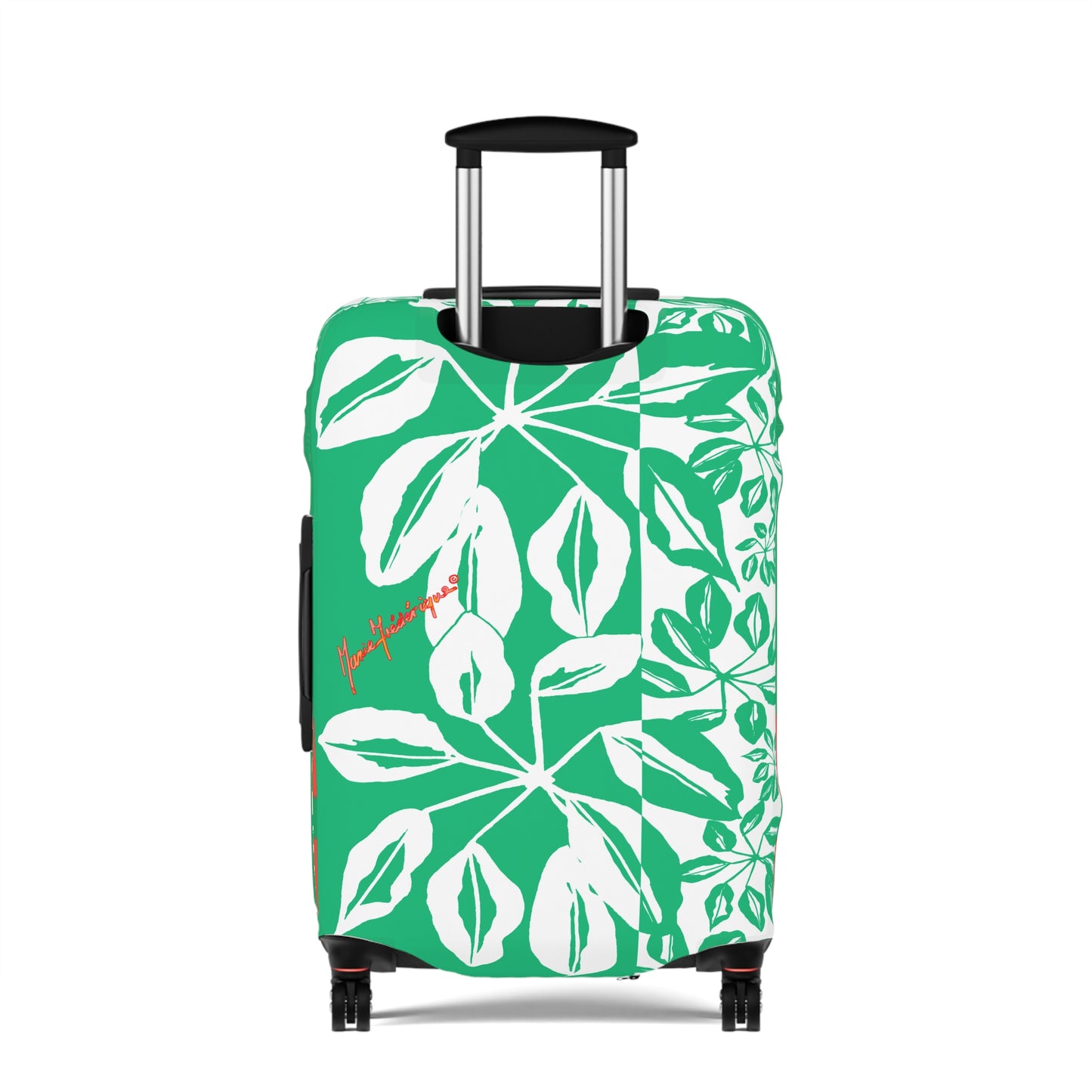 Luggage Cover, Tropical leaves in Green and White by artist Marie Frederique