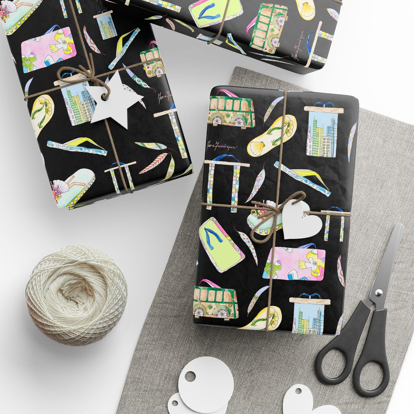 Flip Flop Pattern on Black (Beachy Gift Wrap) by artist Marie Frederique