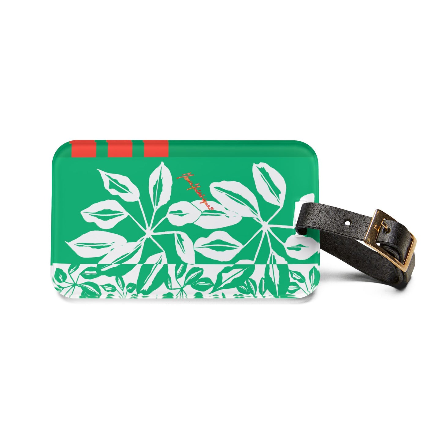 Luggage Tag, Tropical Leaves in Green, White & Tangerine by artist Marie Frederique