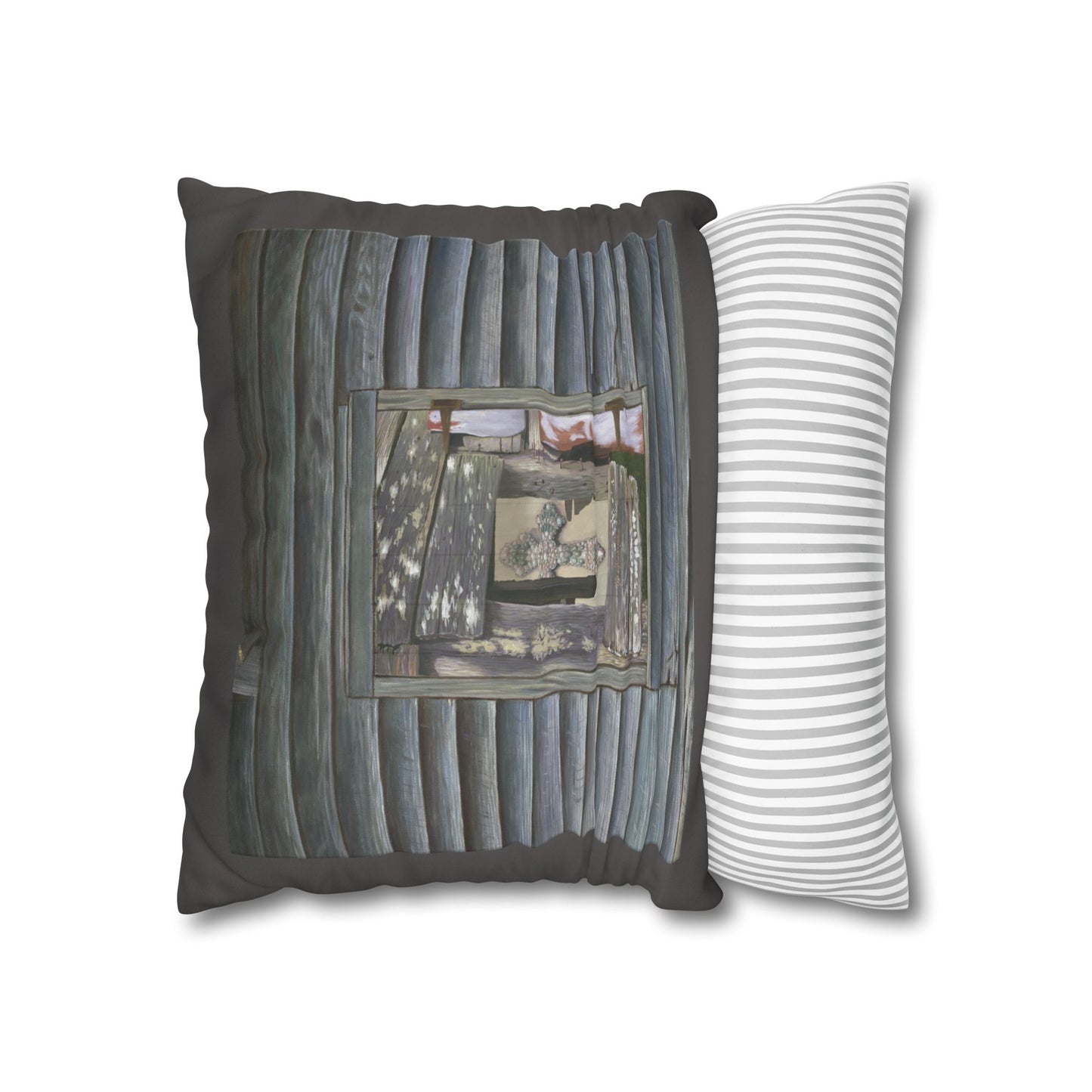Christian Faux Suede Pillowcase — Driftwood Cabin Log Wall Throw Pillow Cover by artist Marie Frederique