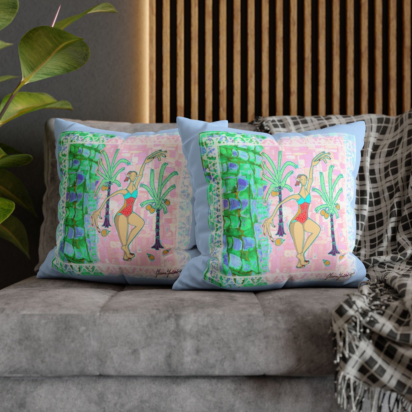 Tropical Dancer Faux Suede Pillowcase — Pastel Palm Beach Decorative Pillow Cover by artist Marie Frederique