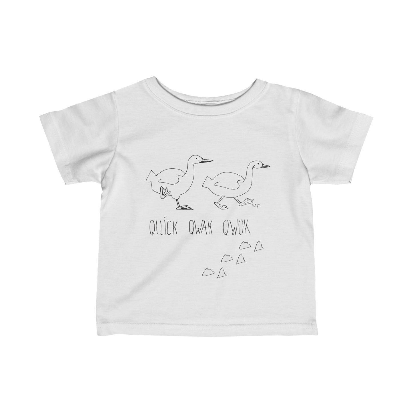 Crazy Duck Kid, Quik, Qwak, Qwok  Marching ducks - by artist Marie Frederique, Infant Fine Jersey Tee