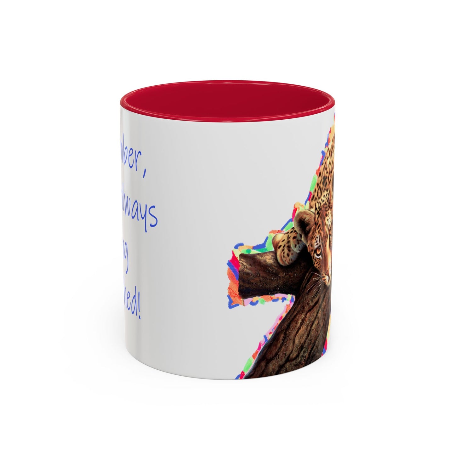 Leopard in a tree, "Remember, you're always being watched!" Mug by Artist Marie Frederique