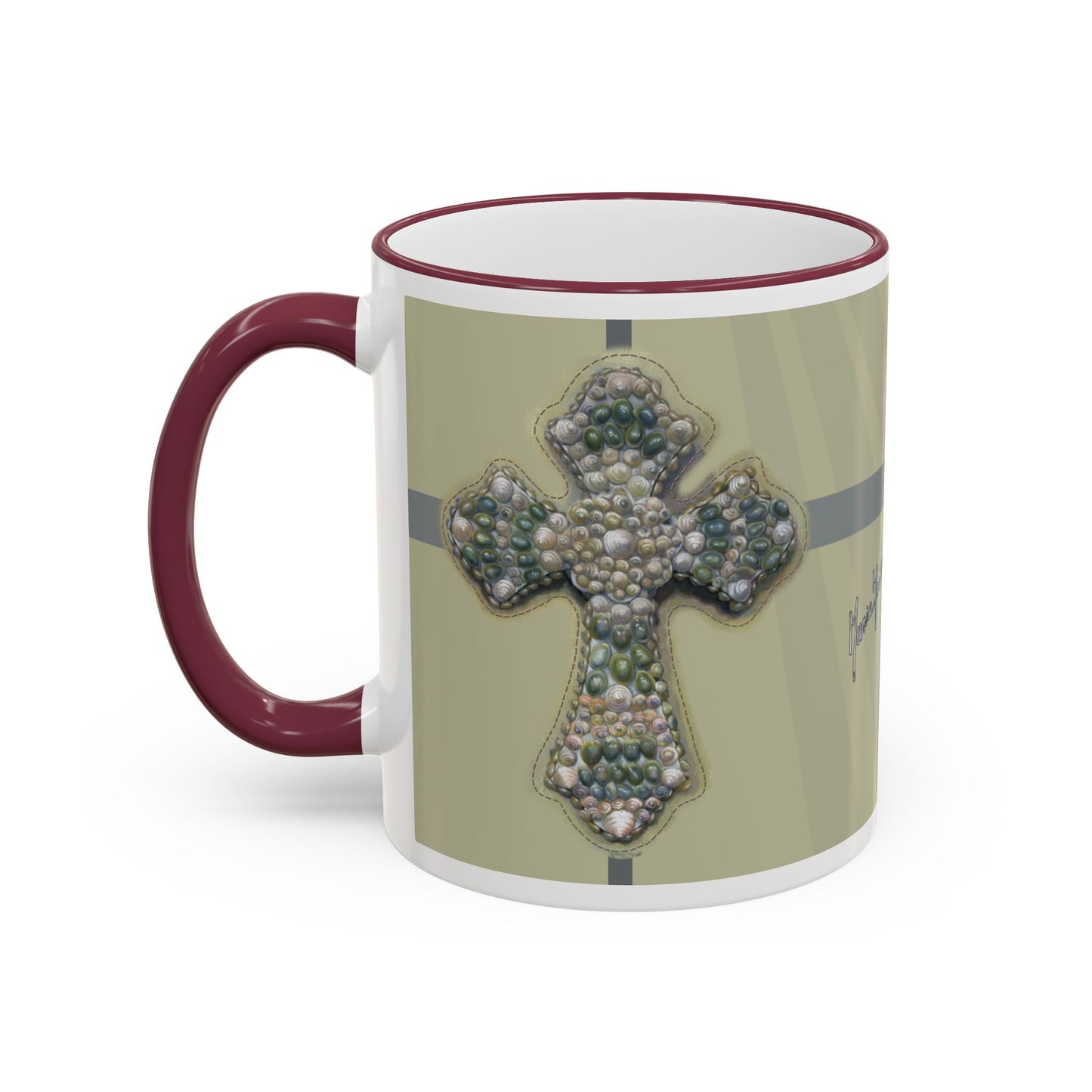 Embellished Inspirational Cross Accent Rim Mug — 'Keep the Faith' Coffee Cup (11oz, 15oz) by artist Marie Frederique
