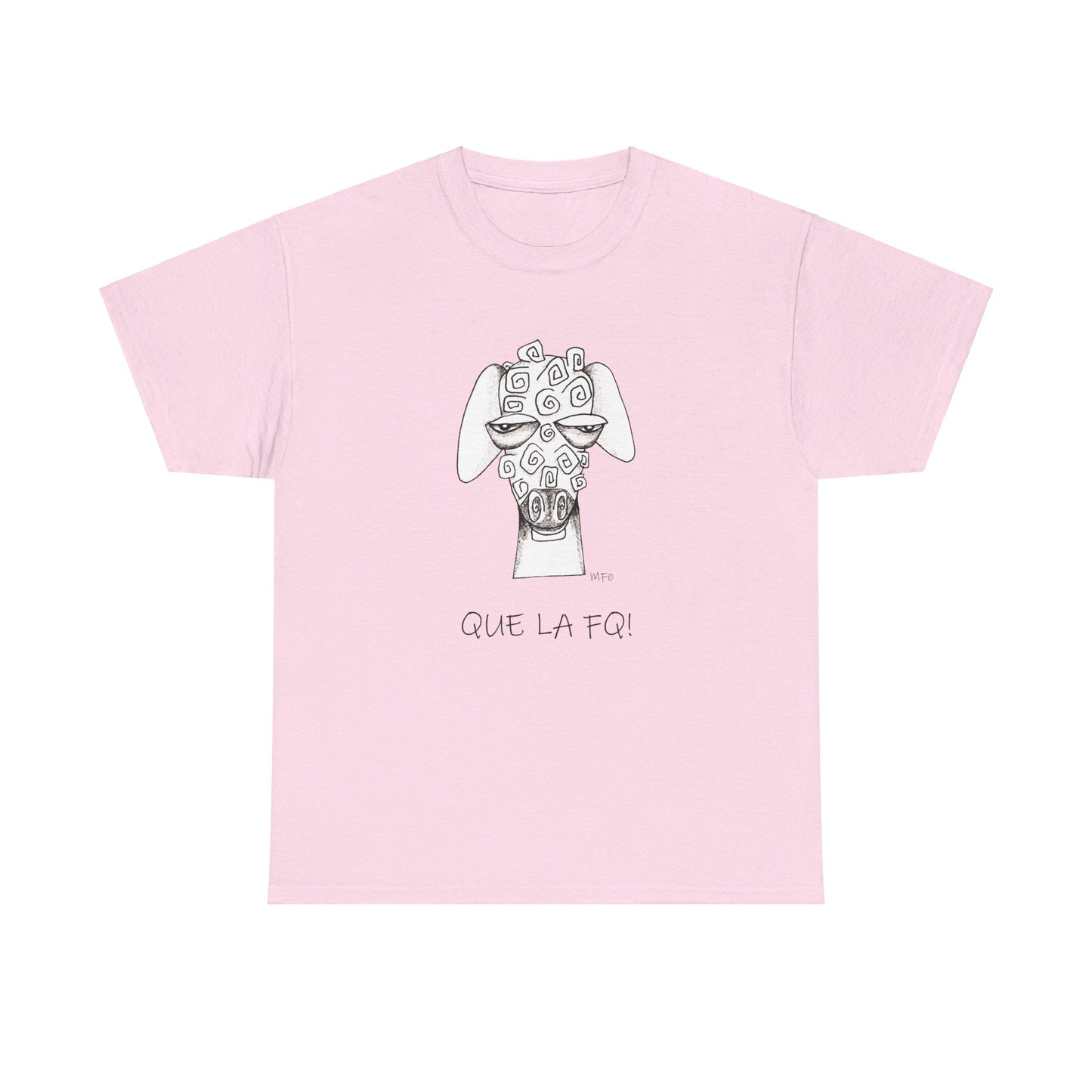 Adult Humor "QUE LA FQ!" with a whimsical drawing of a sheep's face - Unisex Heavy Cotton Tee by artist Marie Frederique