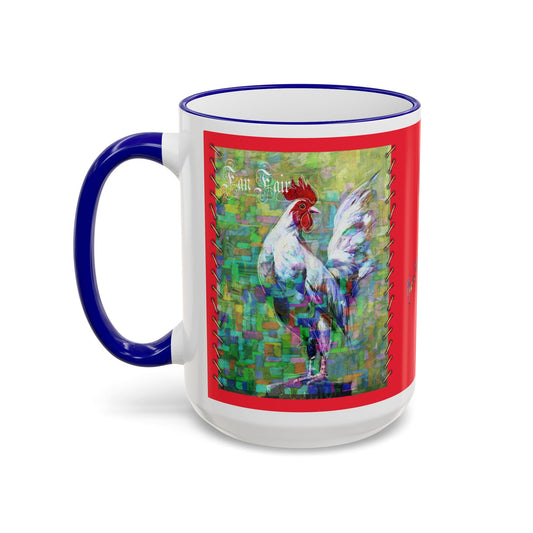 Rooster Art Accent Rim Mug — Pedro & Fan Fair, Colorful Farmhouse Coffee Cup (11oz/15oz) by artist Marie Frederique