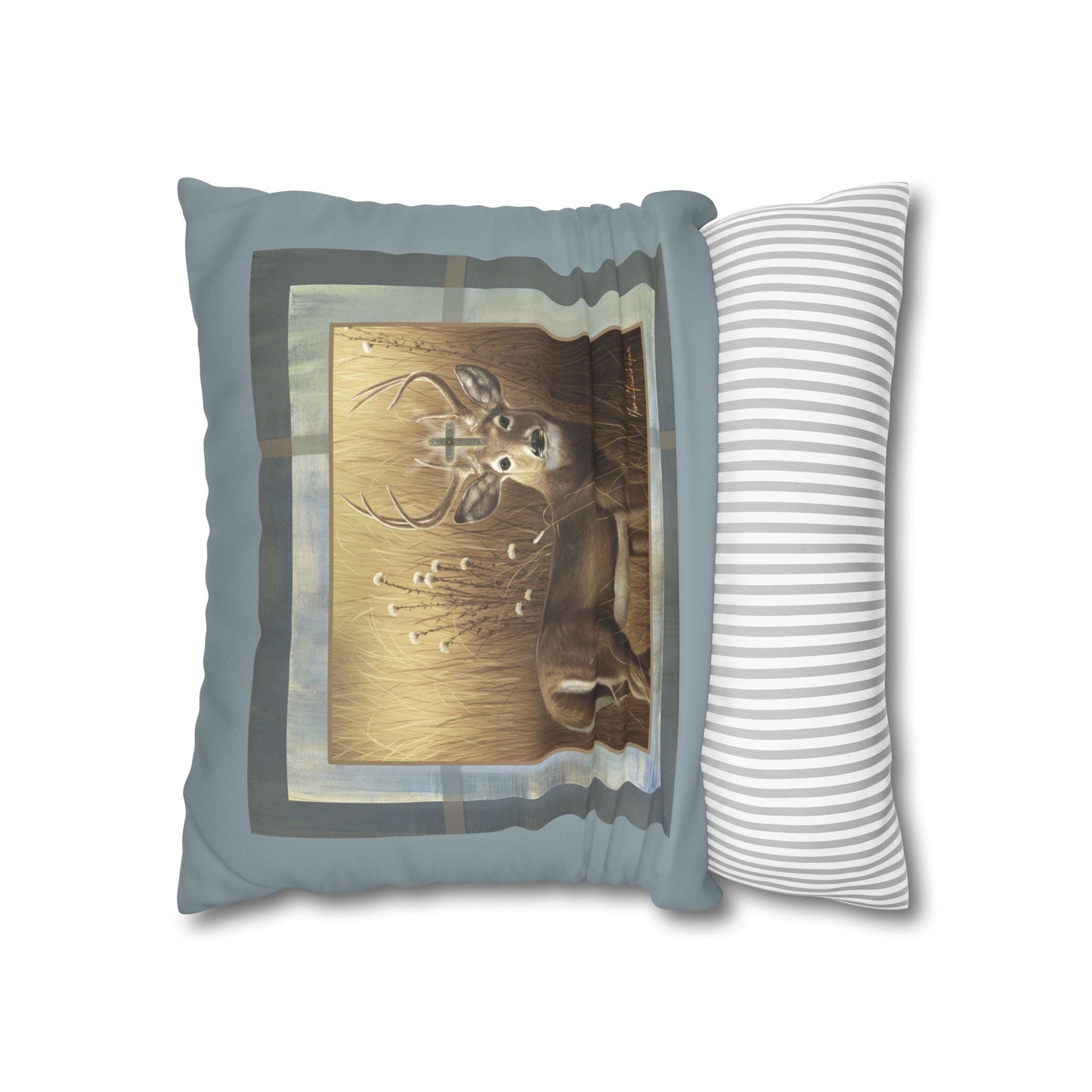 Christian Stag, Deer Faux Suede Pillowcase — Rustic Wildlife by artist Marie Frederique