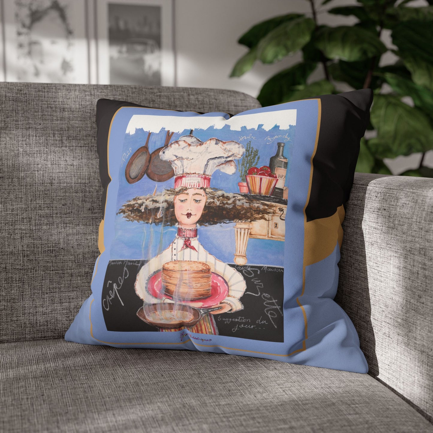 Chef, Crepes Suzette Faux Suede Pillowcase — Whimsical Chefetteville Kitchen Decor by artist Marie Frederique