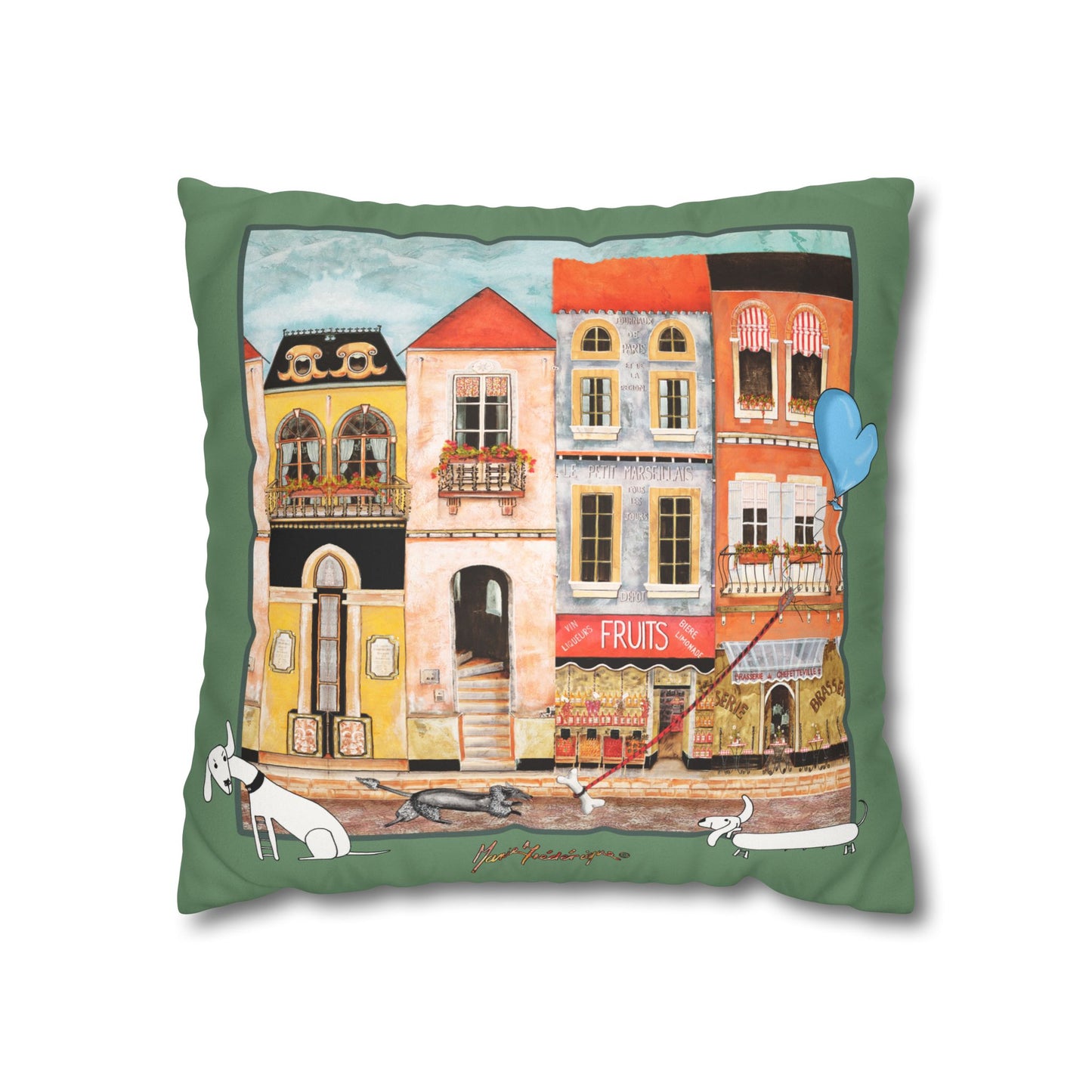 Whimsical town - Chefetteville, Row of Houses with Blue Heart Balloon Accent by artist Marie Frederique
