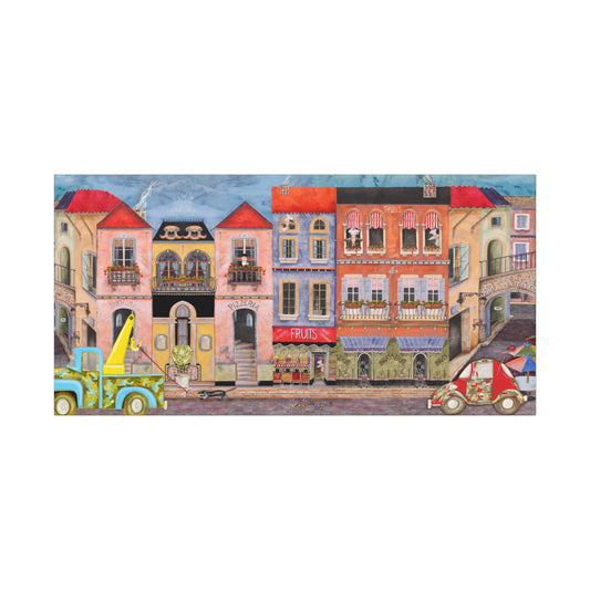 European Street Panorama Canvas Print — Chefetteville, Stretched Matte Wall Art by artist Marie Frederique