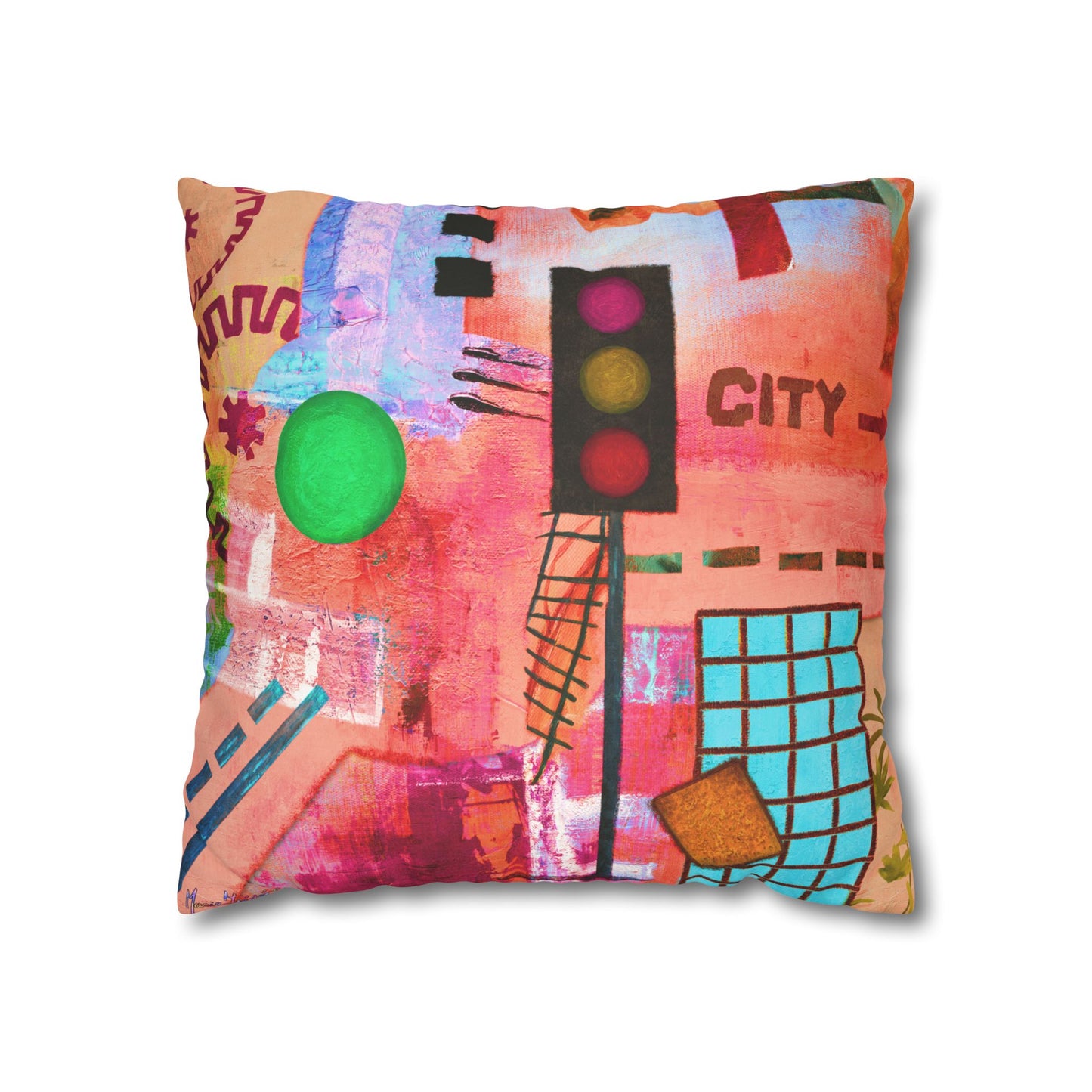 Urban City-Themed Faux Suede Pillowcase by artist Marie Frederique (Pillow not included)