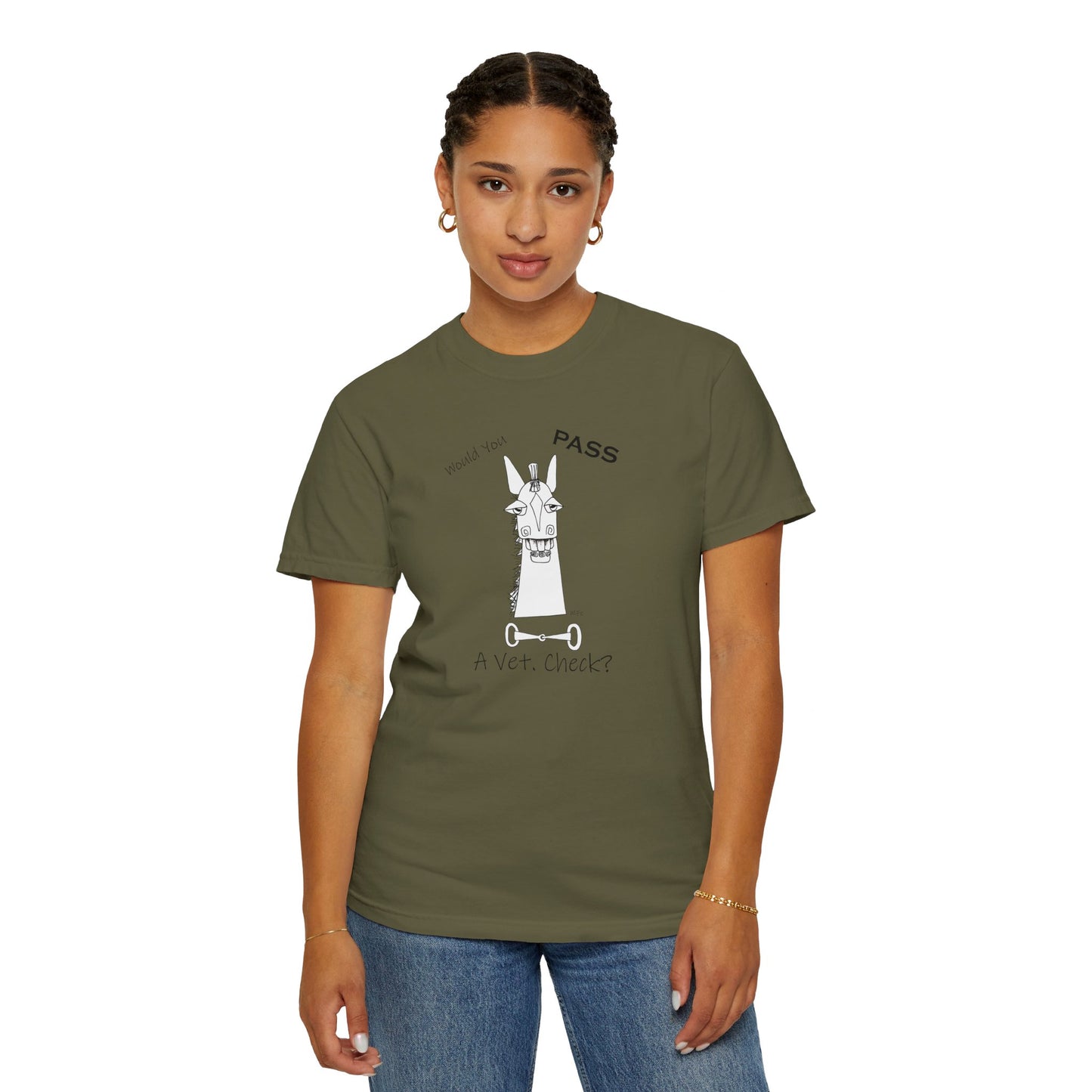 Vet Check - Whimsical horse poses the question "Would you PASS a Vet. Check?" Unisex Garment-Dyed T-shirt by artist Marie Frederique