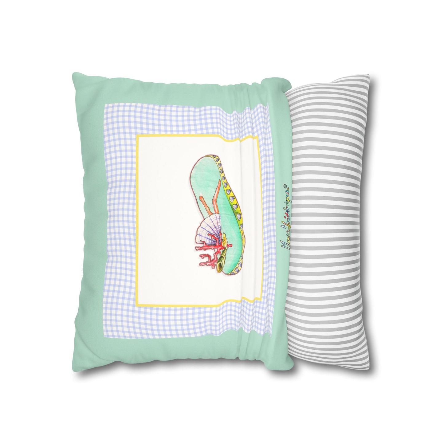 Mint Gingham Vacation Flip-Flop Pillowcase — Beachy Faux Suede Decorative Pillow Cover by artist Marie Frederique