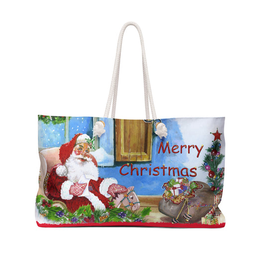 Merry Christmas Santa Weekender Bag — Holiday Travel Tote by artist Marie Frederique