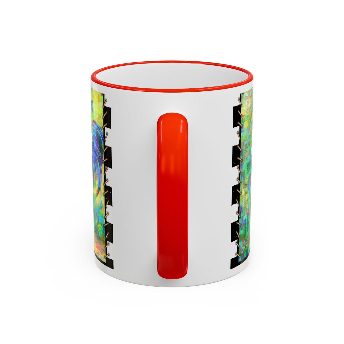 Checkerboard Chickens Accent Mug — Pedro & Fan Fair, Colorful Abstract Rooster Design (11oz, 15oz) by artist Marie Frederique