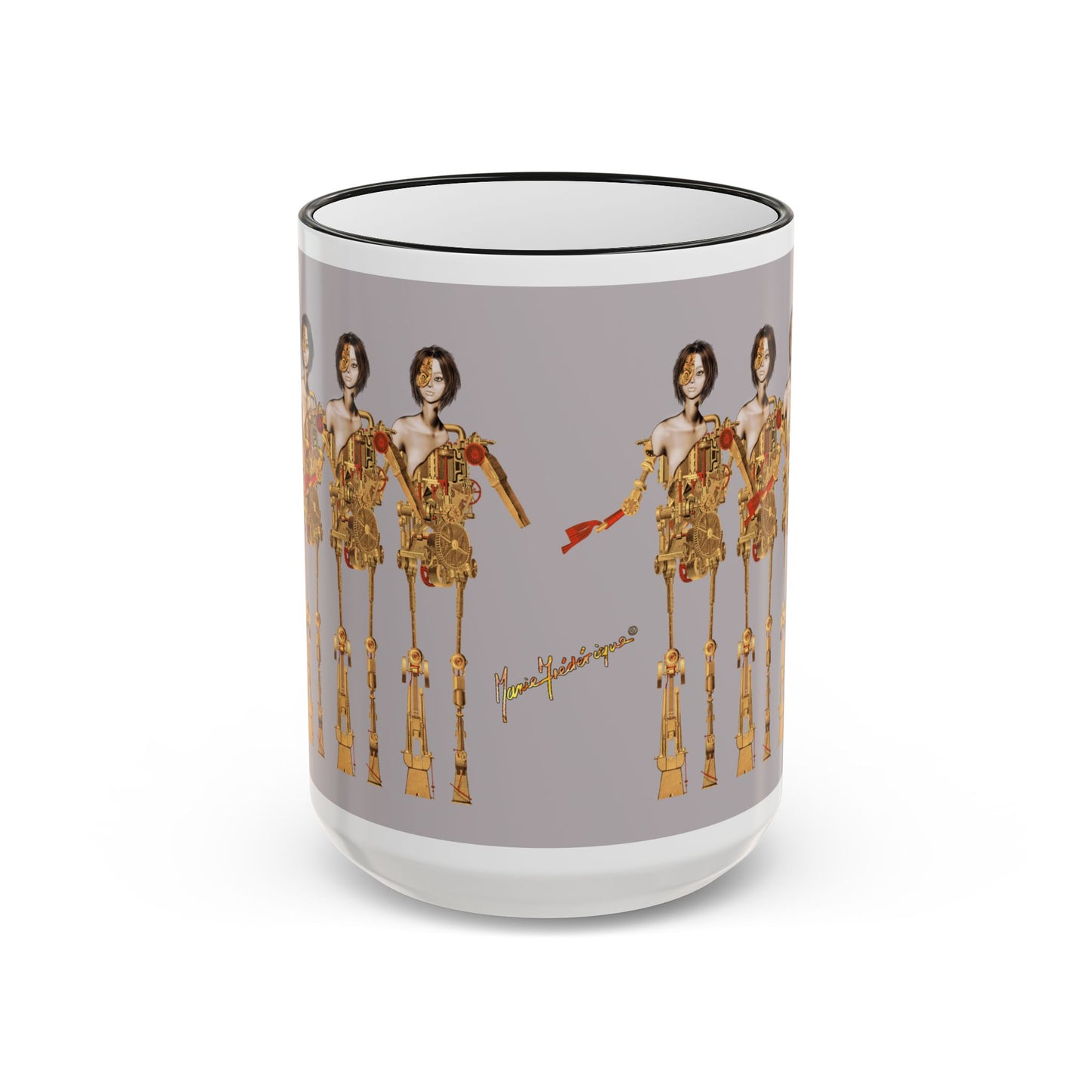 Retro Steampunk Figurine, Men and their Machines - Accent Rim Coffee Cup (11oz/15oz) by artist Marie Frederique