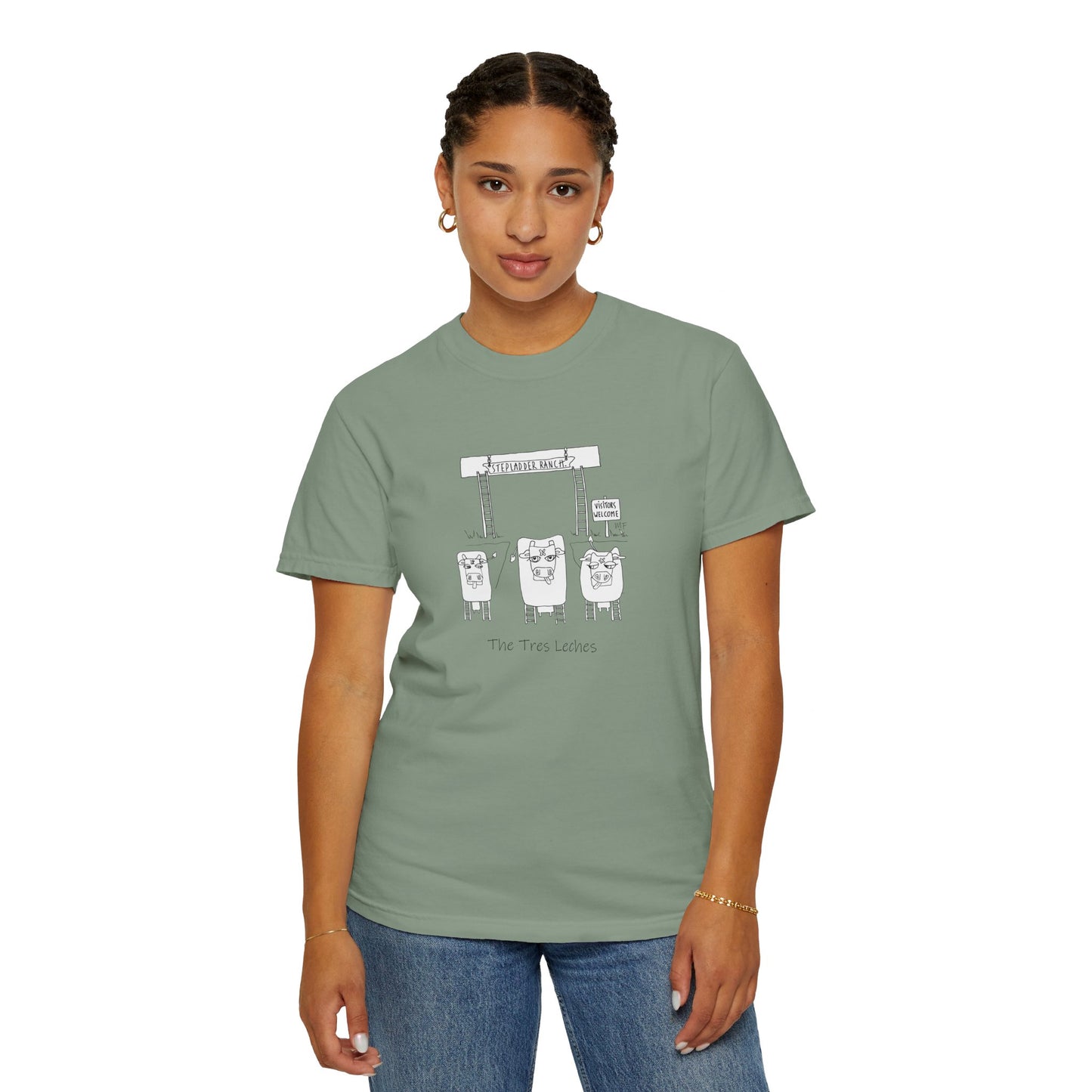 A Tres Leches Whimsical Stepladder Ranch Cows, in 6 colors - Unisex Garment-Dyed T-shirt by artist Marie Frederique