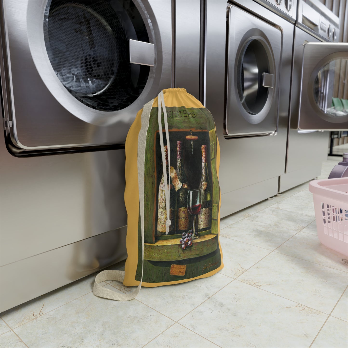 Wine Chateau Laundry Bag — Rustic Wine Bottle & Glass Print by artist Marie Frederique
