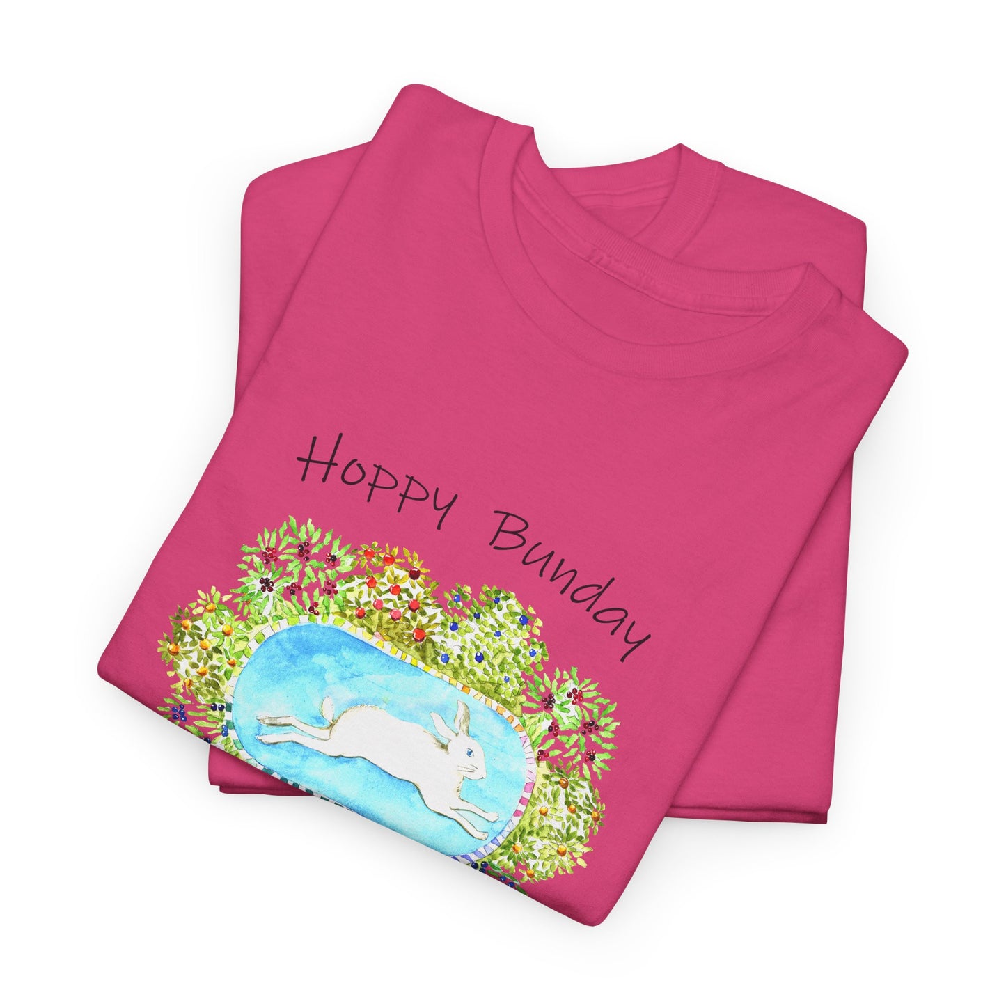 Hoppy Bunday Unisex Heavy Cotton Tee - Fun Spring T-Shirt for Bunny Lovers by artist Marie Frederique