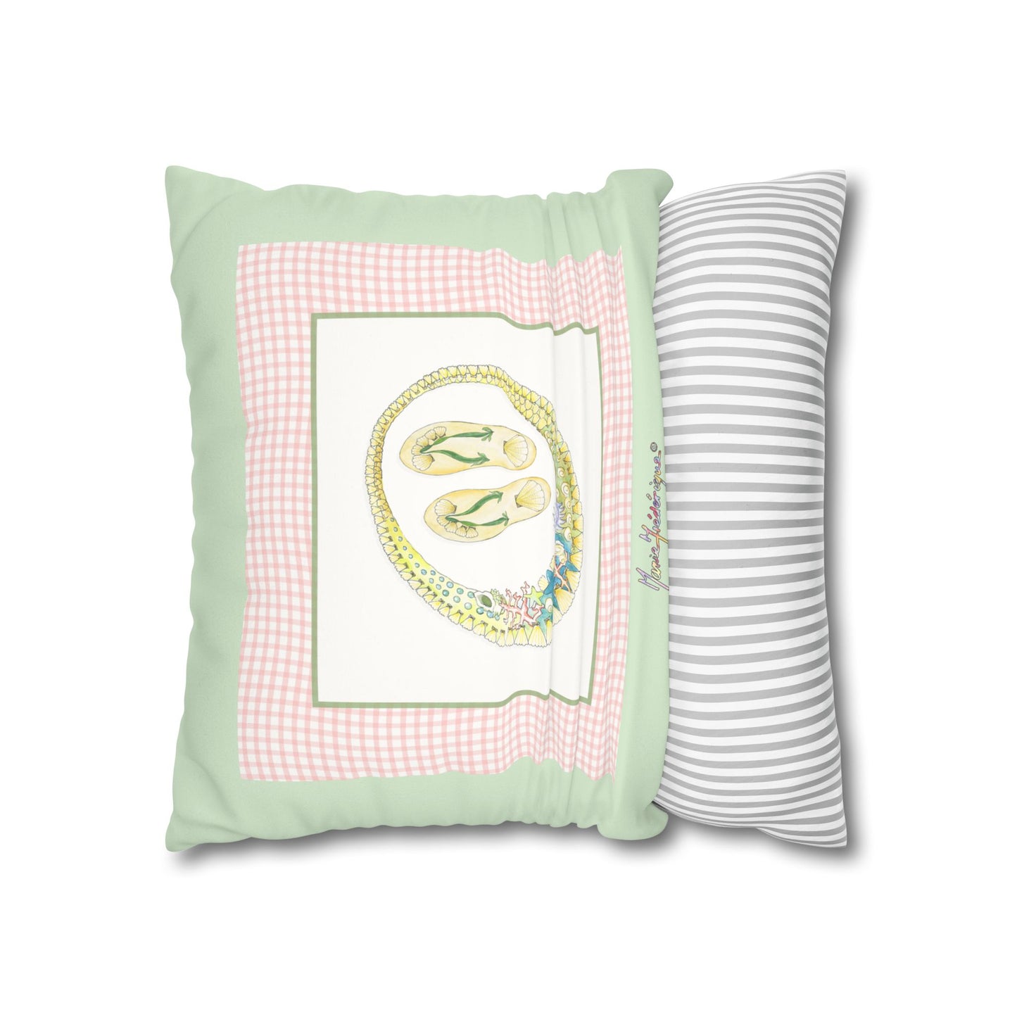 Pastel Vacation necklace and flip flops Faux Suede Pillow Cover by artist Marie Frederique