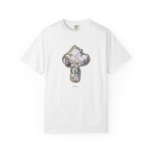 Cross of seashells, Coastal Graphic T-Shirt by artist Marie Frdeerique