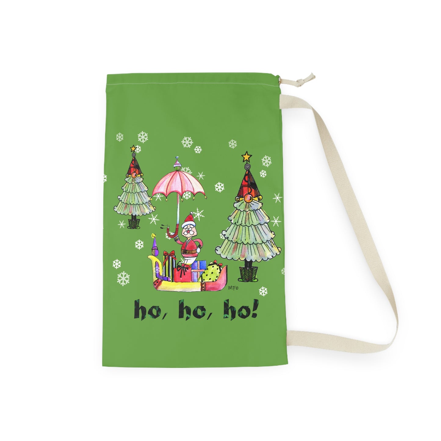 Christmas Laundry Bag — 'Ho, Ho, Ho!' Santa & Trees Holiday Wash Organizer by artist Marie Frederique