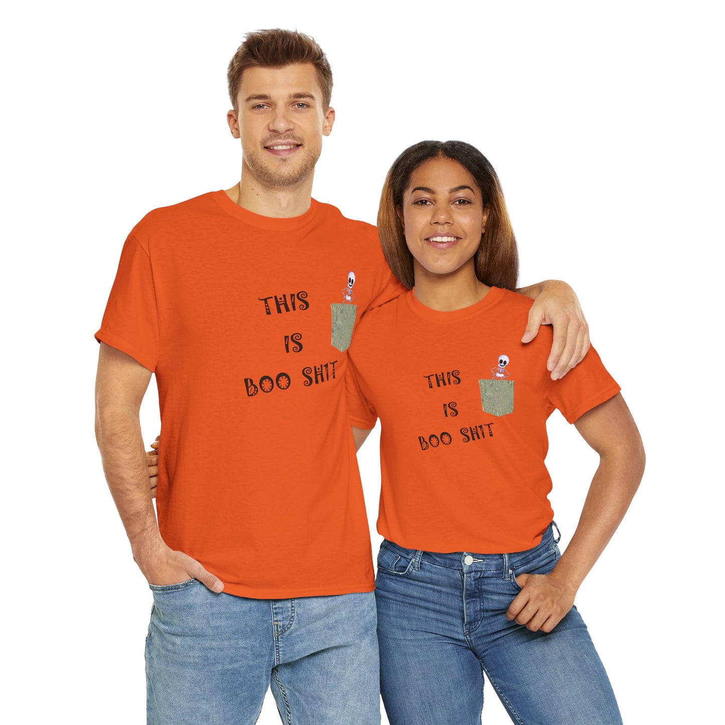 Halloween "THIS IS BOO SH1T" - with a skeleton climbing out of a false pocket, Unisex Heavy Cotton Tee by artist Marie Frederique
