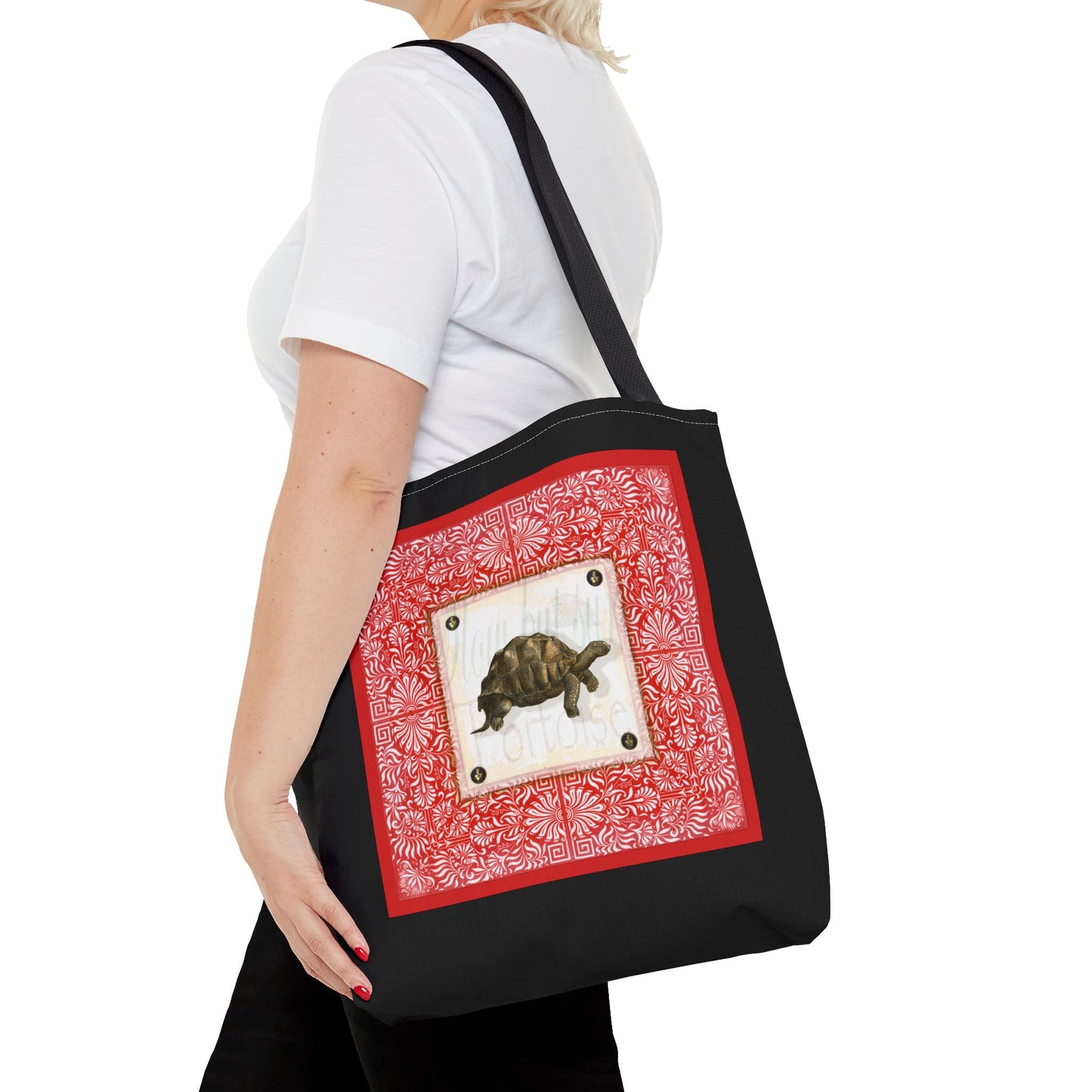 Tortoise, Red on black Tote Bag by artist Marie Frederique