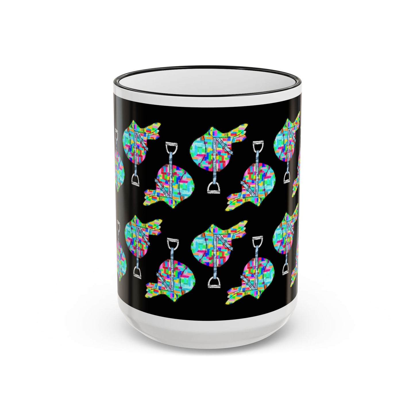 Saddle Patchwork Accent Rim Mug – Equestrian Colorful Mosaic Pattern (11oz, 15oz) by artist Marie Frederique