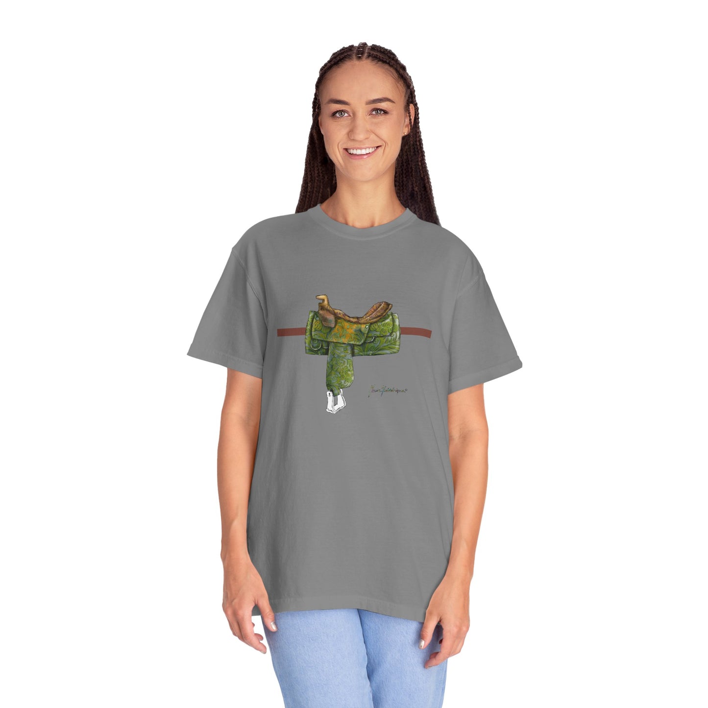 Western Saddle & Scarf Graphic T-Shirt — Rustic Western Equestrian Tee by artist Marie Frederique