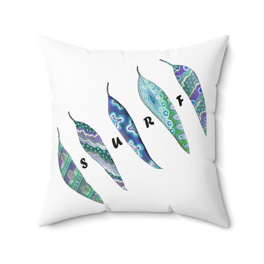 Surf and painted leaves, Blue and White Square Pillow by artist Marie Frederique