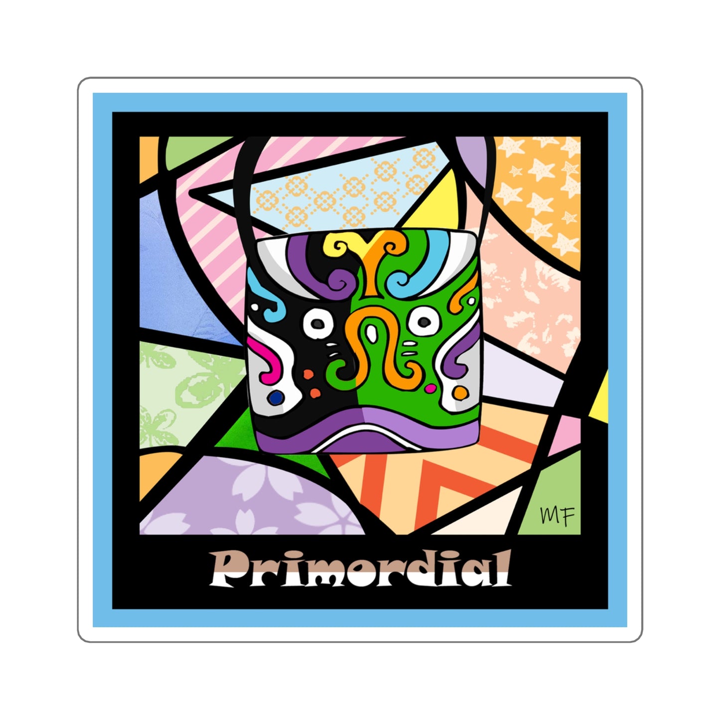 Primordial Mask, Designer Graphic Illustration multicolored Sticker in 4 sizes by artist Marie Frederique