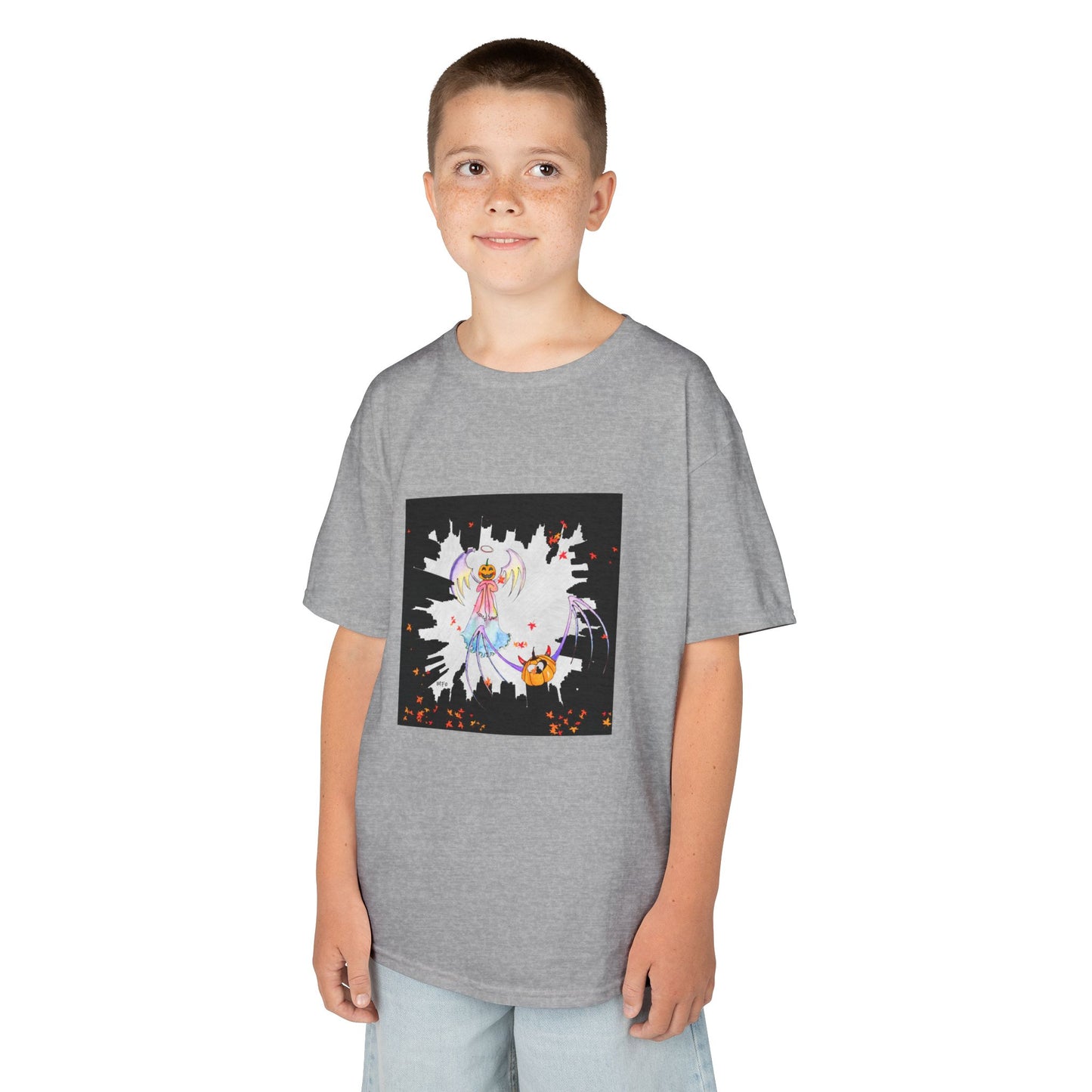 Halloween Angel and Pumpkin Heart Bat - Kids Heavy Cotton™ Tee by artist Marie Frederique