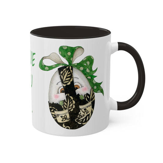 Whimsical Egg Wrap 1 "I Love You", Colorful Mug in black, red or light green, 11oz by Artist Marie Frederique