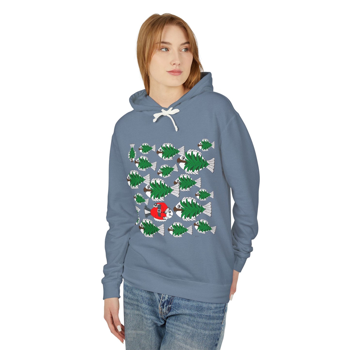 Christmas Hoodie - Santa Swimming Against Trees of Fish. Lightweight Unisex Hooded Sweatshirt