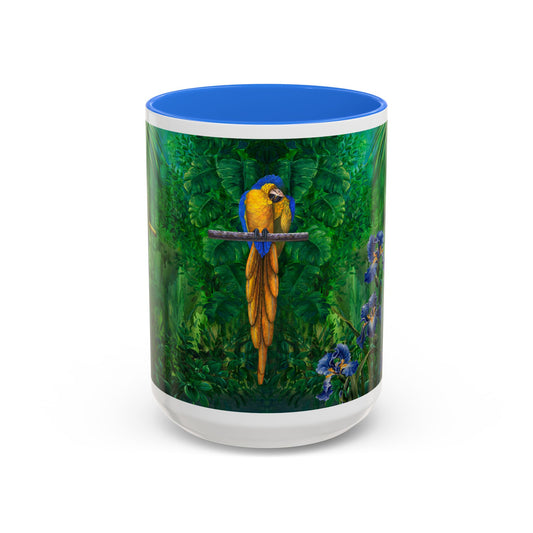 Parrots in Jungle Forest & Blue Iris mug by Artist Marie Frederique