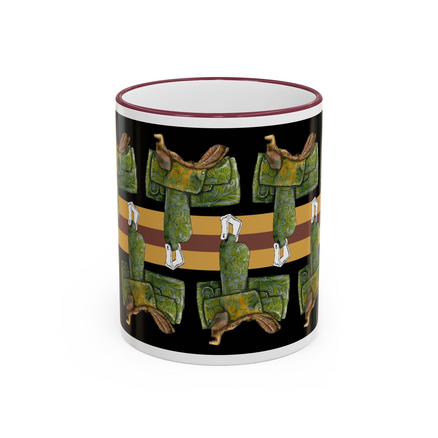 Western Saddle & Scarf Pattern Accent Rim Mug (11oz/15oz) by artist Marie Frederique