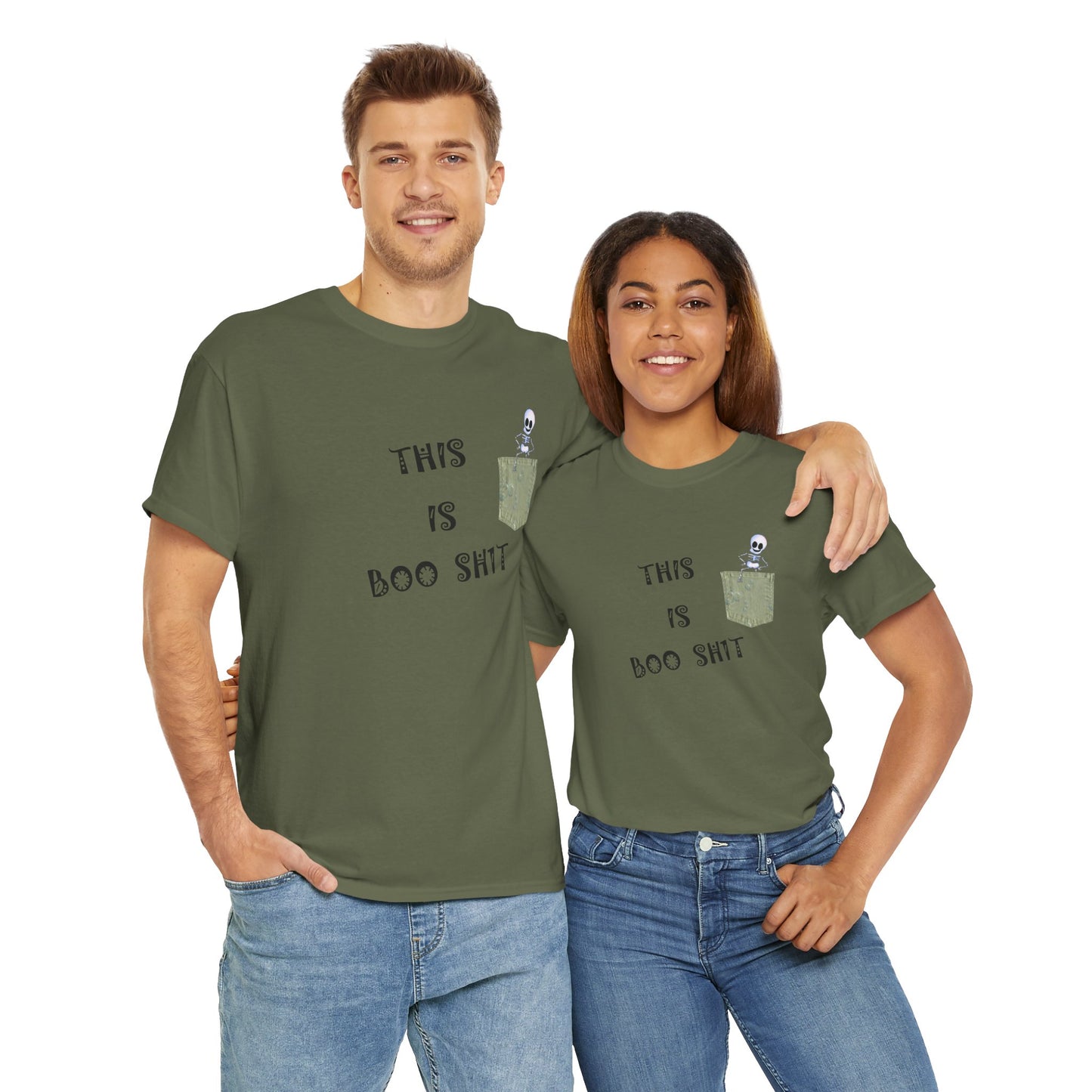 Halloween "THIS IS BOO SH1T" - with a skeleton climbing out of a false pocket, Unisex Heavy Cotton Tee by artist Marie Frederique