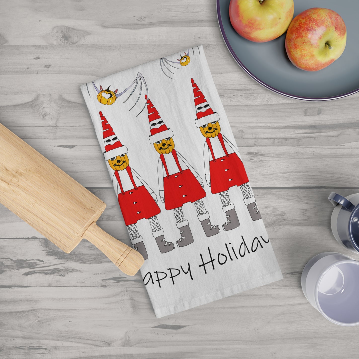 Tea Towel/Kitchen towel, Holiday Season Tea Towel with Pumpkin Santas and Heart Bats by artist Marie Frederique