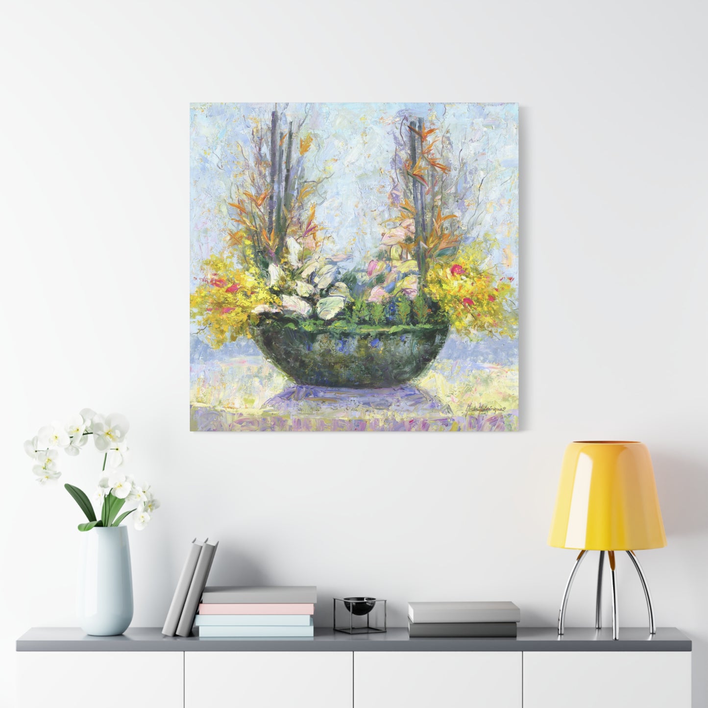 Floral Arrangement, Painterly style with Yellow and Blue - Oil Painting Print by artist Marie Frederique