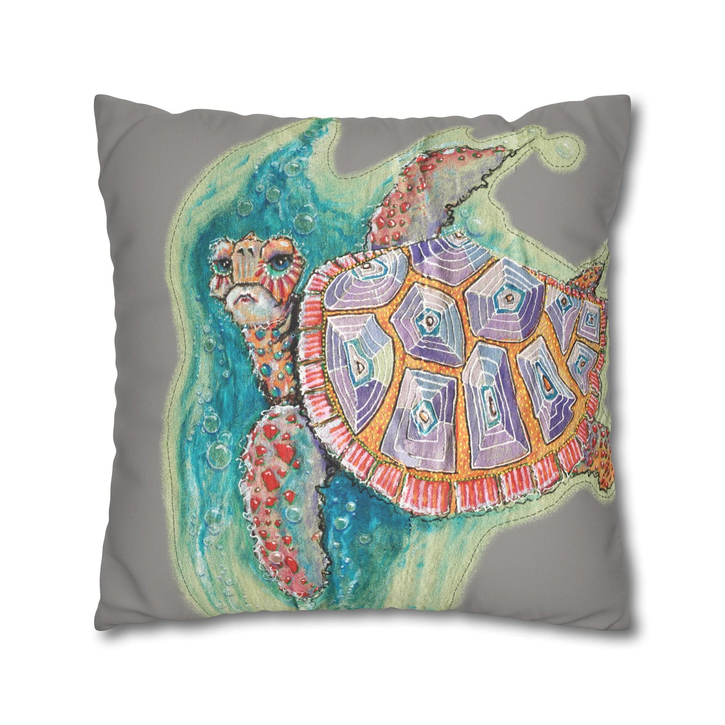 Sea Turtle Faux Suede Pillowcase — Colorful Coastal Throw Pillow Cover by artist Marie Frederique