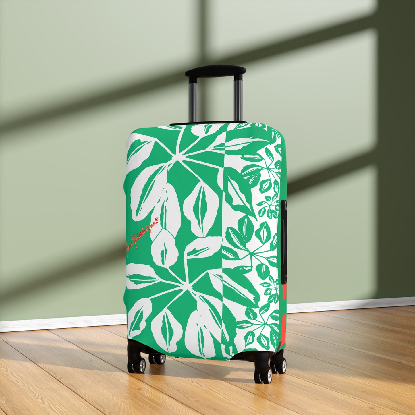 Luggage Cover, Tropical leaves in Green and White by artist Marie Frederique