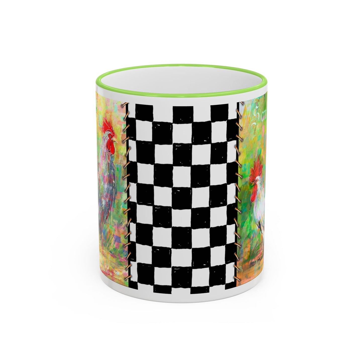 Checkerboard Scruffy & Freckles Rooster Accent Rim Mug – Colorful Farmhouse Coffee Cup (11oz & 15oz) by artist Marie Frederique