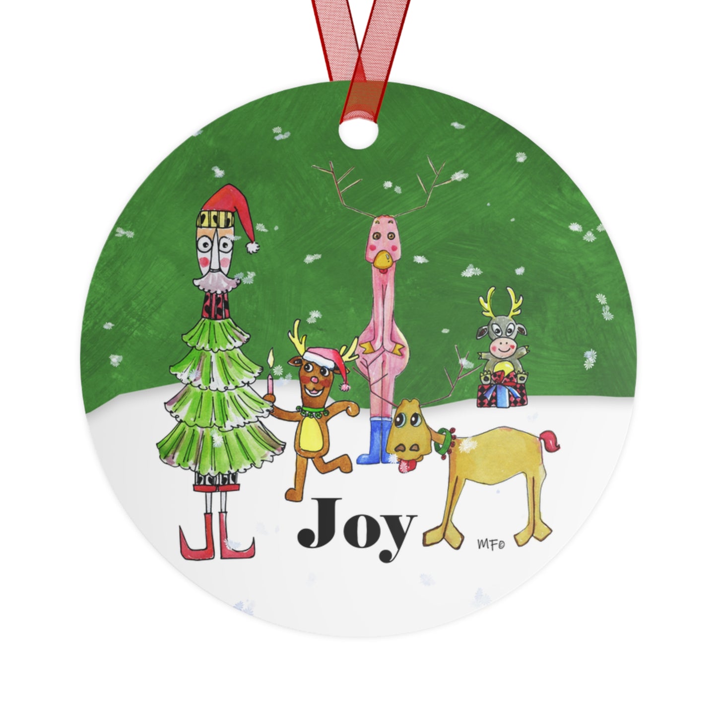 Christmas Ornament double sided print- Reindeer and Christmas Tree Joy by artist Marie Frederique